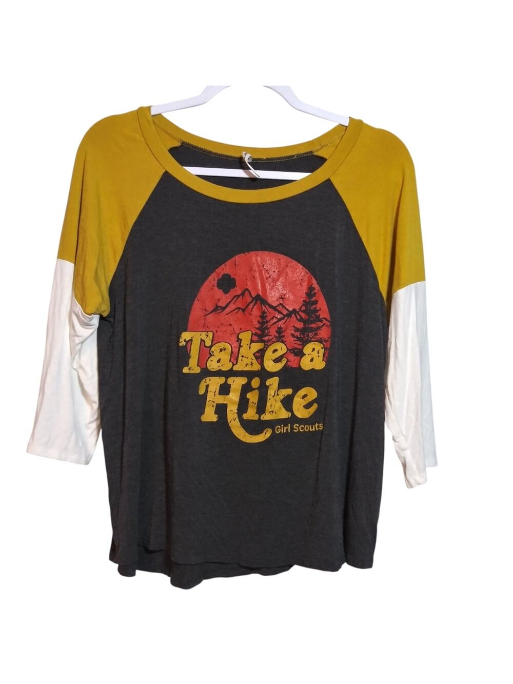 Ever Hottie Yellow and Gray Graphic Raglan Tee Take A Hike Girl Scouts Size XL